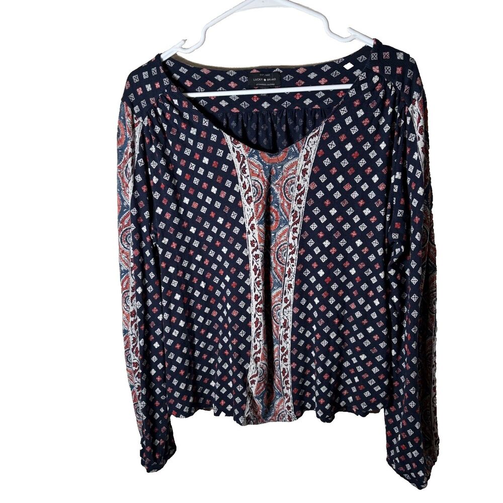 Lucky Brand Blouse Women's Large V-Neck Boho Long Sleeve Printed Casual Top